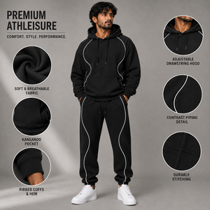 Men's Black Hooded Tracksuit Set with White Contrast Piping Pullover Hoodie and Jogger Pants for Casual Sportswear - Product Image 6