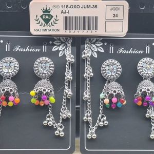 Pendientes jhumka de plata oxidada con cuentas multicolor, pulseras a juego, conjunto de joyería tradicional india para bodas y fiestas para mujeres. - Product Image 1