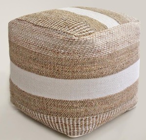 Pouf artisanal minimaliste à motif de feuillage |   Tissu en coton et bambou avec motif en corde |   Siège mobile rembourré en PU |   Salon - Product Image 1