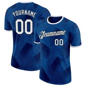 Maillot de football personnalisé sublimé, motif géométrique bleu, col rond, manches courtes, polyester respirant, unisexe adulte - Product Image 1