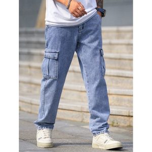 Jean cargo en denim multipoches pour homme, bleu glace, style vintage moderne tendance, style streetwear, respirant, taille 28 à 42 - Product Image 1