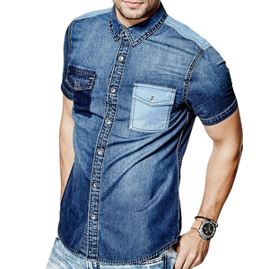 เสื้อเชิ้ตเดนิมผู้ชาย ผ้าฝ้าย 100% สโตนวอช ทรงปกติ แขนสามส่วน ปกคอปกติดกระดุม ด้านหน้าติดกระดุม สีพื้นลำลอง - Product Image 1