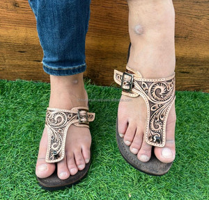 Real Handmade Genuine <b>Women</b> Western Stylish Tooled <b>Leather</b> Casual Outdoor Flipflop Flat Flower Footwear Open Brown Toe Sandals - Product Image 5