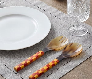 Juego de cucharas de servir de madera con mango a cuadros y cabeza de cuerno retro, de cuerno natural pulido, apto para alimentos, ideal para fiestas, ensaladas y bodas. - Product Image 5