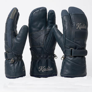 Mitaines à 3 doigts pour homme avec logo personnalisé, bleu marine, en cuir véritable, gants de ski imperméables, mitaines thermiques en cuir de vachette avec broderie - Product Image 1