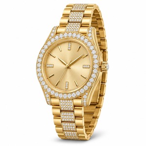 Reloj analógico de lujo para mujer, caja de oro amarillo, bisel de diamantes, movimiento de cuarzo redondo - Product Image 5