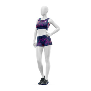 Ensemble de vêtements de yoga et de sport personnalisé en 2 pièces, haut court à col rond, short taille haute, imprimé géométrique, spandex, polyester, logo imprimé sur le devant - Product Image 2