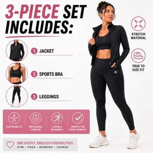 3 Piece Womens <b>Workout</b> Set – Sports Bra, Jacket & High-Waist <b>Leggings</b> Yoga Set Top seam less black <b>with</b> <b>pockets</b> - Product Image 6
