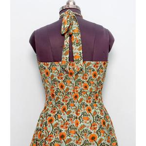 เดรสทรงเอพิมพ์ลายดอกไม้สไตล์โบฮีเมียนทันสมัยสวยงาม คอทรงโอ ความยาวระดับเข่า ผ้าฝ้าย พิมพ์ลายบล็อก สำหรับงานปาร์ตี้ฤดูร้อน ฤดูใบไม้ผลิ ฤดูร้อน - Product Image 6