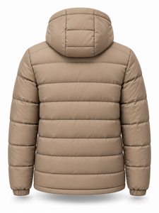 Men's Beige Hooded Puffer Jacket <b>Waterproof</b> Windproof Casual Zipper Front Logo Polyester Wadding Regular Length <b>Winter</b> <b>Coat</b> - Product Image 2