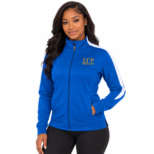 Chaqueta Deportiva Azul Rey y Blanca para Mujer, con Cierre Completo, Manga Larga, Cuello Alto, Diseño con Letras Bordadas, Ropa Deportiva Informal - Product Image 1