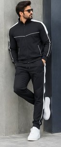 Survêtement de sport pour homme, imprimé rayures noires et blanches, style streetwear, fermeture éclair intégrale, coupe classique, poches latérales, 100% coton, idéal pour l'hiver - Product Image 6