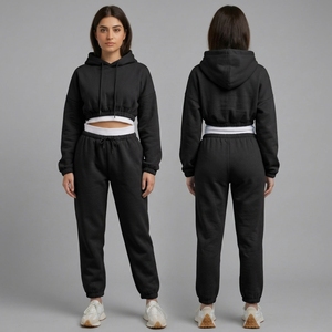 Women <b>Cropped</b> Hoodie <b>Jogger</b> 2 Piece Tracksuit Set Sweatshirt Sweatpants Casual Sportswear Fleece Outfit Wholesale OEM Custom - Product Image 3