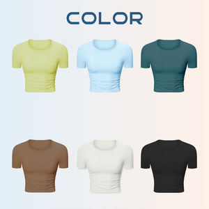 Haut de sport léger sans couture à manches courtes pour femme, brossé double face, respirant, couleur unie, extensible dans quatre directions - Product Image 6