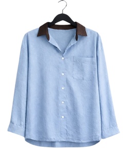 Conjunto de Dos Piezas para Mujer: Camisa Azul Claro y Pantalones Anchos Color Chocolate, Estilo Casual de Algodón y Lino, Fabricante OEM Personalizado - Product Image 1