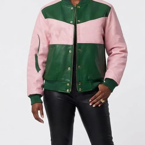 Veste en cuir PU rose et vert personnalisée pour sororité – Col montant à boutons-pression, respirante, vente en gros, fabricant, marque privée - Product Image 5