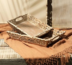 Mango Wood Andal Serving Tray with Handcard Design Whitewash Finished <b>Rustic</b> <b>Coffee</b> <b>Table</b> Kitchen - Product Image 4