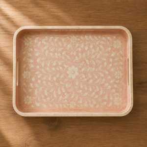 Bandeja de Servicio Artesanal con Incrustaciones de Nácar Natural, Estilo Floral, Organizador de Mesa de Centro de Lujo con Incrustaciones de Color Personalizado para Hotel y Hogar - Product Image 1