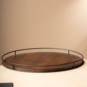 Wholesale Luxury Round Walnut Dining Tray Bulk Hotel Restaurant Serving Platter Elegant Black Metal Frame Tableware - Product Image 1