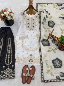 Salwar Kameez en soie blanc et noir avec broderie dorée pour femmes, tenue traditionnelle indienne et pakistanaise pour mariage, longueur cheville, coupe classique - Product Image 4