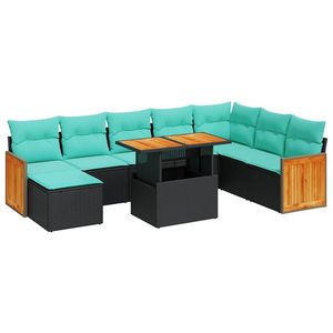Ensemble de canapés de patio en polyrotin noir et bois d'acacia, 11 pièces, avec coussins, pour jardin - Product Image 2