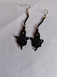 Vintage <b>Black</b> Macrame Drop Earrings Gold Plated <b>Hooks</b> Women's Everyday Wear Jewelry - Product Image 2