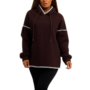 Unisex Brown Hooded Sweatshirt Oversized Long Sleeve Solid Color Knitted Cotton Casual Autumn Wear - Product Image 1