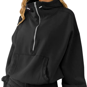 Women's <b>Black</b> Oversized Cropped <b>Hoodie</b> Long Sleeve Stand Collar <b>Zipper</b> Front Solid Color Breathable Knitted Sweatshirt Hoodies - Product Image 1