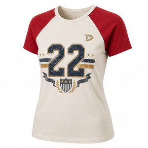 Women's Cotton Raglan Sleeve T-Shirt <b>Red</b> White Logo Print Casual O-Neck Regular Fit Breathable Jersey Short Sleeve - Product Image 3