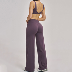 Purple 2 Piece Yoga Set High Waist Wide Leg Pants Racerback <b>Crop</b> <b>Top</b> Seamless Breathable Solid Color Activewear - Product Image 2