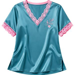 Ensemble de pyjama personnalisé pour femme en satin bleu sarcelle avec dentelle, haut à manches courtes col en V et short, vêtements de nuit doux, vêtements de détente, OEM personnalisé - Product Image 1