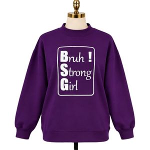 Sweat-shirt surdimensionné violet foncé pour femme avec imprimé graphique « Strong Girl » blanc, col rond, manches longues, style décontracté streetwear - Product Image 1