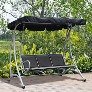 Banc balançoire d'extérieur noir pour 3 personnes avec support et auvent réglable pour jardin ou terrasse au bord de la piscine - Product Image 2