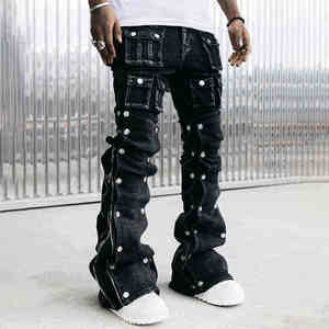 Jeans amples multi-poches de style urbain, personnalisés, écologiques, à boutons, effet vieilli, à jambe large pour hommes - Product Image 5