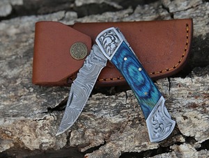 Cuchillo Plegable de Acero Damasco de Grado Industrial BA Enterprises BA-034-F, Hoja de Punta Caída, Mango de Madera, Cuchillo de Bolsillo de Borde Recto - Product Image 4