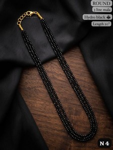 Elegante Collar Mala de 3 Hileras con Cuentas Hidro Negras, de 20 Pulgadas, con Espinela Negra Redonda Multifacética y Cadena en Capas Estilo Ónix - Product Image 1