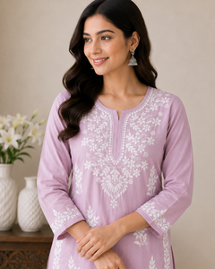 Elegant Lavender Hand Embroidered Lucknowi <b>Chikankari</b> Straight <b>Kurti</b> - Premium Cotton Ethnic Tunic Top for Women - Product Image 1
