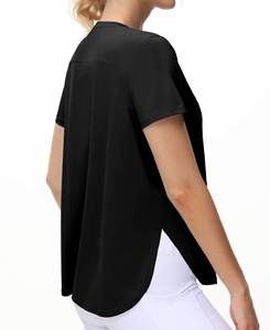 Camiseta con abertura lateral para mujer, camiseta negra de manga corta, corte relajado, mezcla de algodón suave, top informal a la moda - Product Image 5