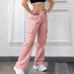 Pantalon cargo taille haute pour femme, style vintage, multi-poches, coupe droite, jambe large, décontracté, streetwear, mode - Product Image 5