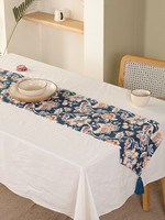 Chemin de table double couche en toile de coton slub premium, imprimé numérique floral, style damassé tissé à pompons, bleu, personnalisable pour salle à manger