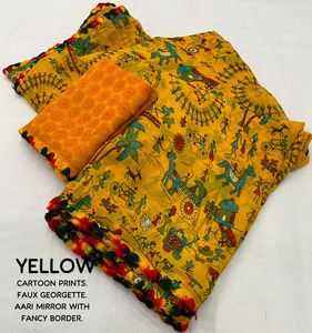 Sari de algodón amarillo con estampado digital y diseño tradicional para mujer, estilo informal de India y Pakistán - Product Image 4