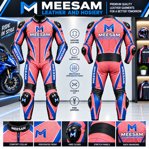 Traje de Motociclismo de Cuero Rosa y Azul, Transpirable, Perforado, de Una Pieza - Product Image 1