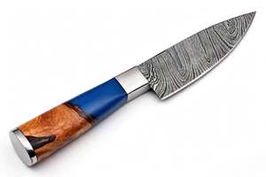 Couteau de chef artisanal en acier Damas, manche hybride en résine bleue et bois de burl, couteau utilitaire de préparation - Product Image 6