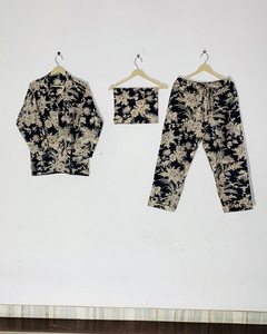 Pyjama 100 % coton biologique 2026, motif bleu, imprimé à la main, ensemble de pyjama pour femmes, prix de gros - Product Image 1