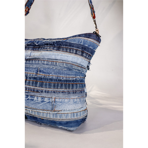 Bolso de mezclilla de algodón premium cosido directamente de fábrica, tipo tote con cremallera, índigo lavado personalizado, para venta al por menor, OEM, ODM - Product Image 4