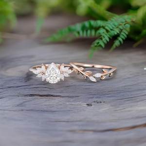 Pear Shaped Moissanite Engagement Ring Set Vintage 925 Sterling Silver 14K Rose <b>Gold</b> Plated Cluster Art Deco Ring - Product Image 3
