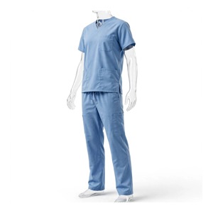Ensemble uniforme respirant en polyester pour femmes, comprenant un haut de blouse bleu clair à col en V avec poches et un pantalon à cordon de serrage - Product Image 2