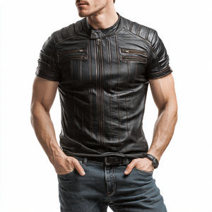 T-shirt pour homme en cuir PU noir à manches courtes, col rond, écologique, anti-UV, respirant, coupe classique - Product Image 4