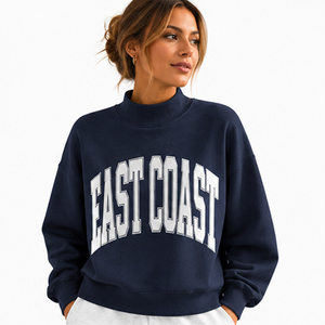 Sudadera Oversize con Cuello Redondo y Estampado de Letras Estilo Costa Oriental para Mujer, Sudadera Oversize con Cuello Simulado y Estampado Gráfico, Jersey de Cuello Alto - Product Image 2