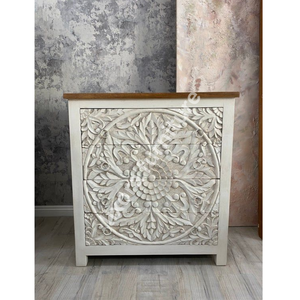 Commode de luxe artisanale en bois massif à 3 tiroirs, sculptée de motifs floraux mandala, finition blanc antique - Product Image 4